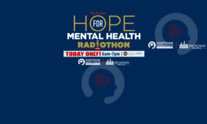 Poster for Hope for Mental Health Radiothon—Today Only 6am–7pm—with sponsor logos and a head silhouette with a heart on a dark blue background.