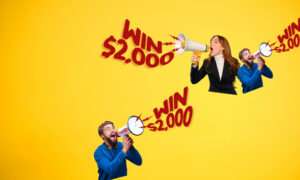 People with megaphones announcing a $2,000 contest on a bright yellow background.