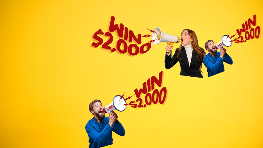 People with megaphones announcing a $2,000 contest on a bright yellow background.