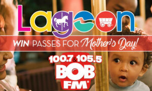 Colorful Lagoon logo with a carousel horse, a red banner reading "WIN PASSES FOR Mother's Day!", and Bob FM 100.7/105.5 branding beside a child's surprised face.
