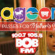 Colorful Lagoon logo with a carousel horse, a red banner reading "WIN PASSES FOR Mother's Day!", and Bob FM 100.7/105.5 branding beside a child's surprised face.