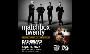 Matchbox Twenty poster with a black-and-white band photo above promotional text for Dashboard Confessional, Sept. 18, 2026 at Utah Days of ’47 Arena.