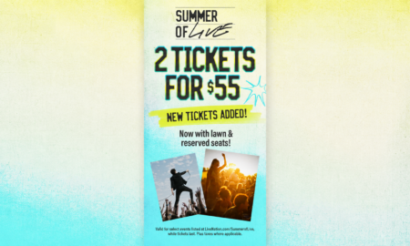 Vertical promotional flyer: "Summer of Live" offering 2 tickets for $55 with images of a concert crowd at the bottom.