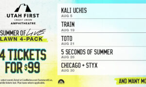 Poster advertising a lawn 4-pack deal: four tickets for $99 at Utah First Amphitheatre, with the lineup listed on the right panel.