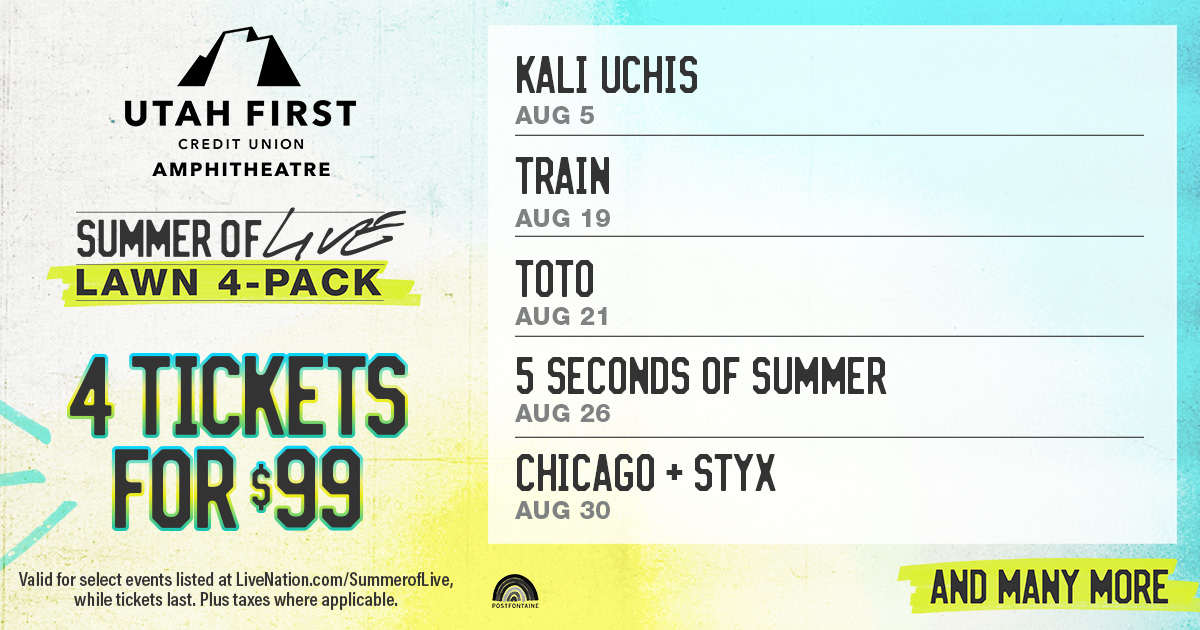 Poster advertising a lawn 4-pack deal: four tickets for $99 at Utah First Amphitheatre, with the lineup listed on the right panel.