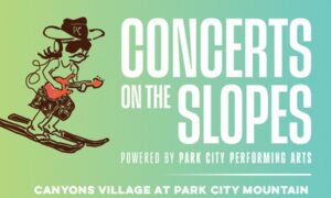 Poster advertising 'Concerts on the Slopes' at Canyons Village, Park City Mountain, featuring a cartoon skier with a guitar.
