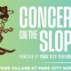 Poster advertising 'Concerts on the Slopes' at Canyons Village, Park City Mountain, featuring a cartoon skier with a guitar.
