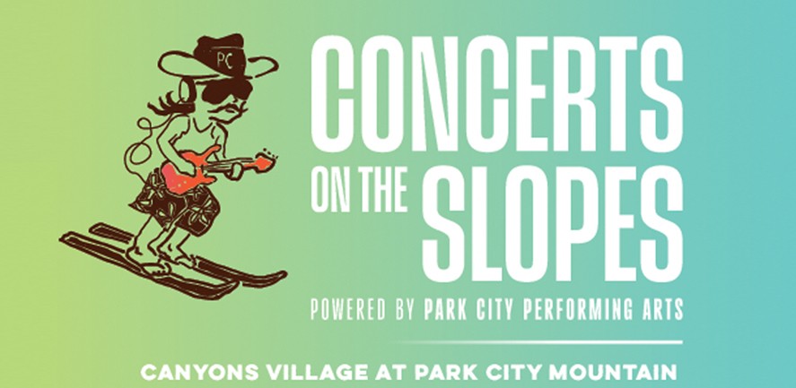 Poster advertising 'Concerts on the Slopes' at Canyons Village, Park City Mountain, featuring a cartoon skier with a guitar.