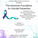 Poster for 'Where Darkness Fails' fundraiser promoting The American Foundation for Suicide Prevention, featuring a teal and purple awareness ribbon and event details (date, venue, performers).