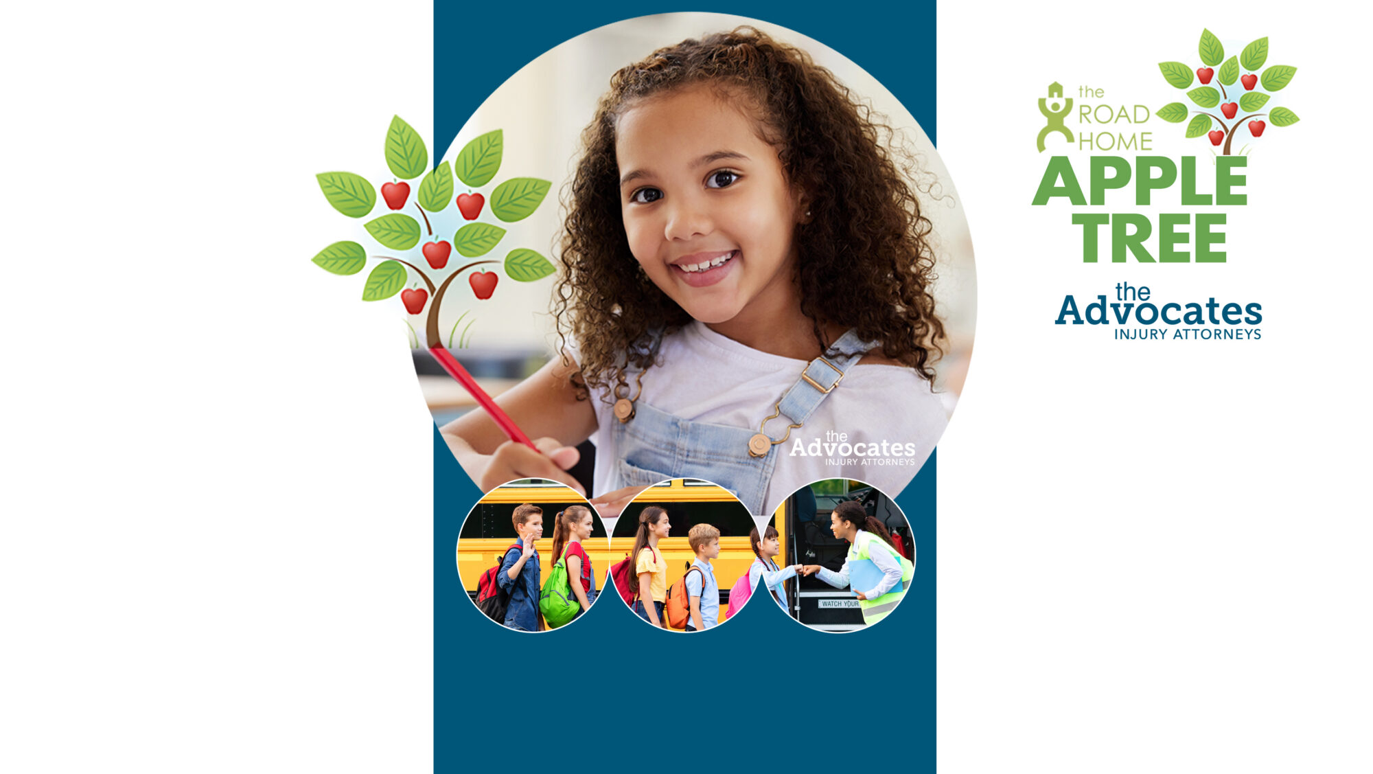 Smiling girl with curly hair inside a circular frame, surrounded by an apple-tree illustration and the words 'Apple Tree' with 'The Advocates Injury Attorneys' logo on the right.