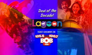 Colorful collage promoting Laycon with 'Deal of the Decade!' and BOB FM ticket giveaways.
