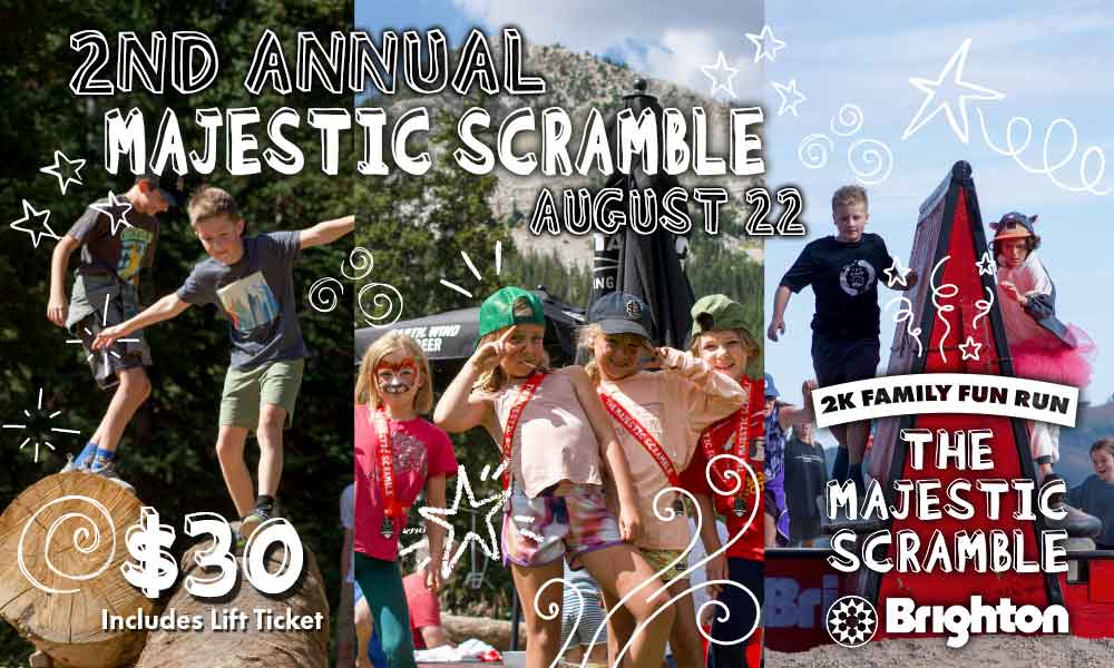 Poster for the 2nd Annual Majestic Scramble at Brighton, featuring kids climbing and playing with event date August 22 and a $30 lift-ticket note.